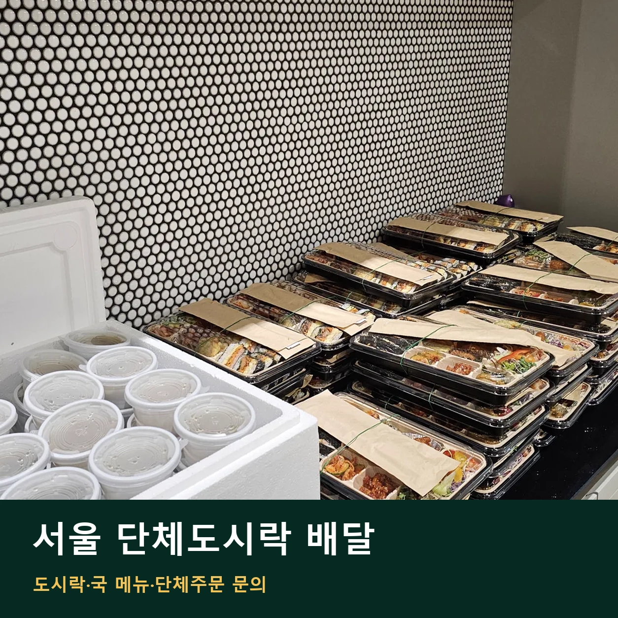 서울 단체도시락 배달 | 도시락·국 메뉴·단체주문 문의 안내 썸네일. 도시락 사진과 글 제목을 함께 배치한 이미지
