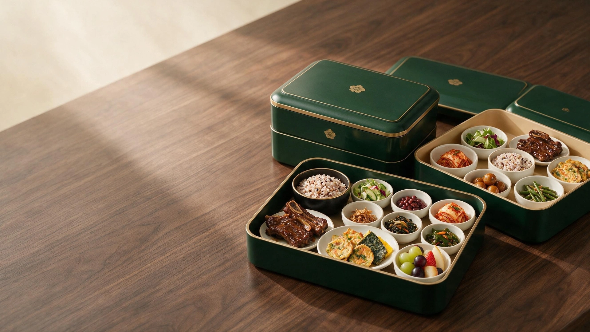 짙은 녹색 도시락 용기에 갈비와 잡곡밥, 전, 샐러드, 과일을 정갈하게 담은 프리미엄 한식 도시락