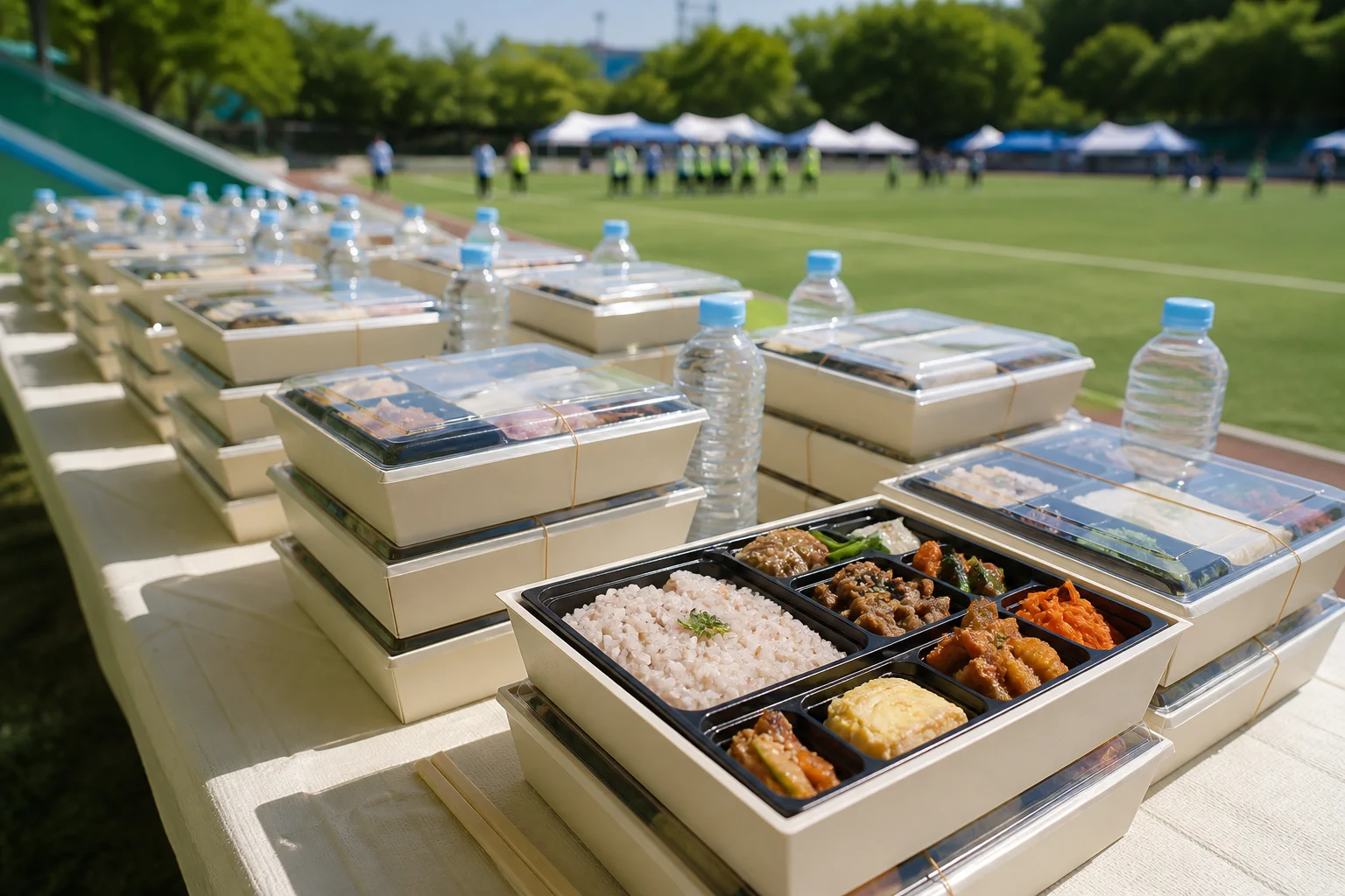 야외 체육대회 현장에 조별로 준비된 한식 도시락과 생수
